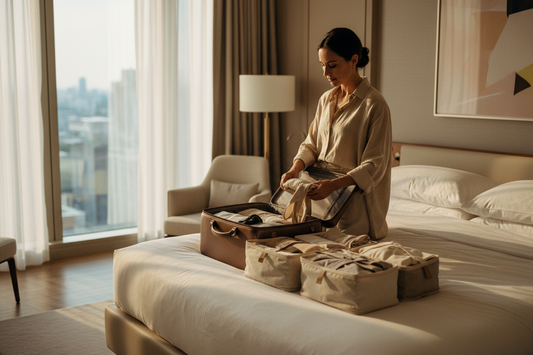 Une femme élégante dans une chambre d'hôtel luxueuse, lumière dorée de fin de journée, en train de préparer méthodiquement son bagage cabine avec des cubes de rangement disposés sur le lit.