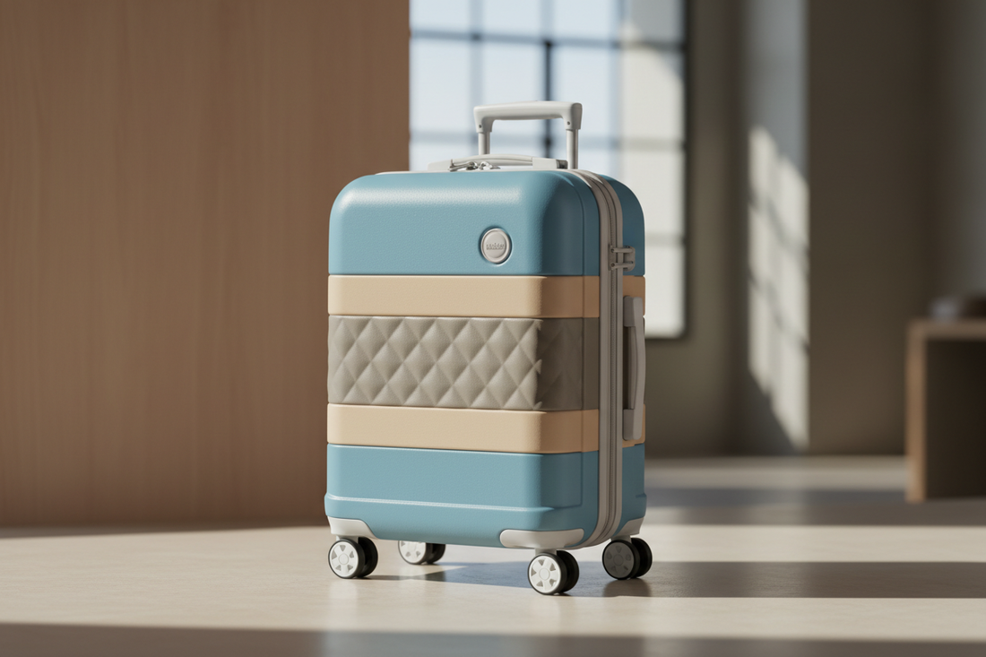  valise enfant fermée, debout, design compact et soigné dans des tons doux (bleu poudré, sable, blanc)