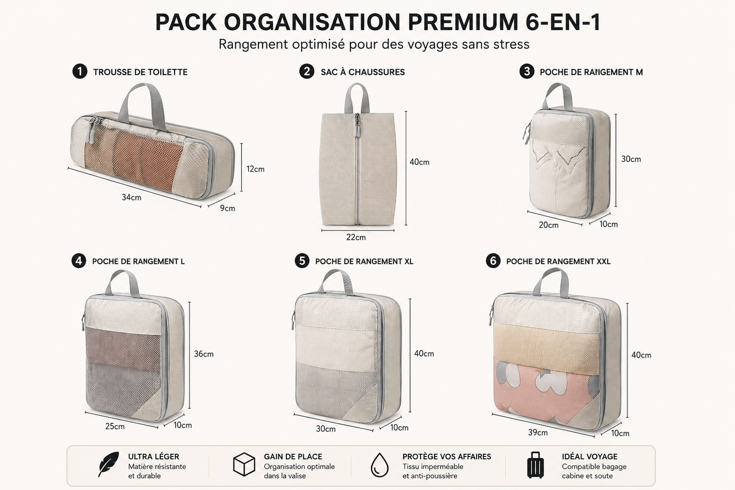 Organisateurs de valise compressibles TravelPack™ couleur gris – set de 6 sacs de compression pour voyages et placards