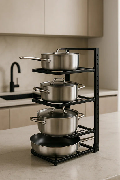 Étagère cuisine noire robuste pour ranger cocottes et poêles.