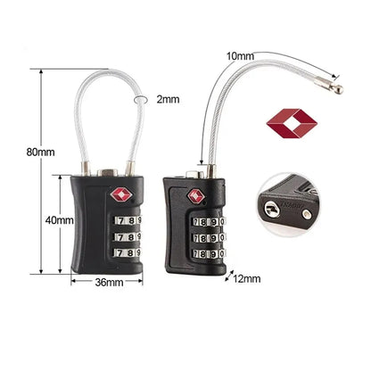 Dimensions du cadenas TSA compact et leger avec cable flexible pour bagage de voyage