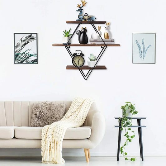 Étagère murale décorative Diamant Rustique en bois et métal pour un design industriel chic