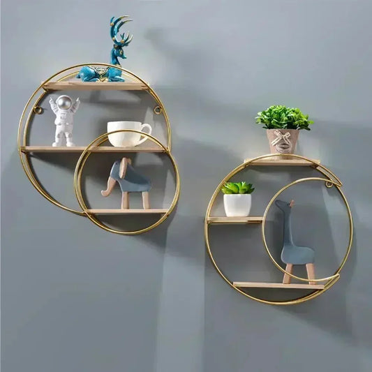 Étagère murale décorative GoldNordic™ en fer et bois doré, style nordique moderne, idéale pour bougies, plantes et objets décoratifs
