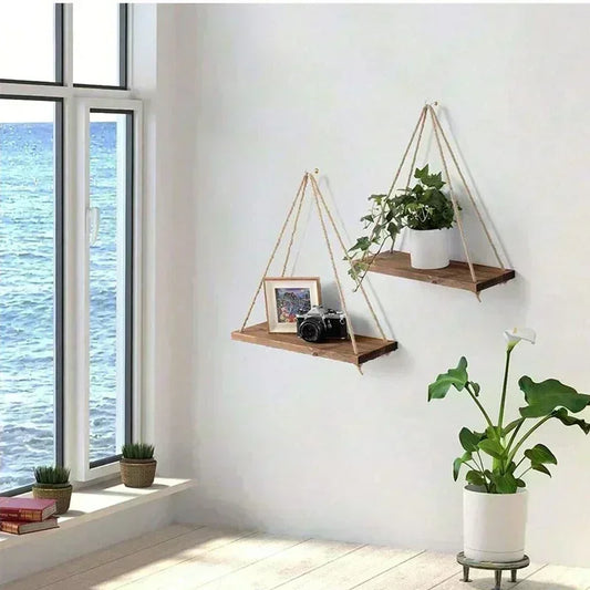 Détail de la corde de chanvre et du bois de l’étagère murale design NaturaRack™