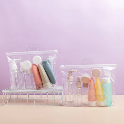 Flacon voyage Rangement Chic rechargeable anti-fuite compatible avion, idéal pour shampoing, lotion, crème, toner et spray, format compact et léger en LDPE pour trousse de toilette, bagage cabine, vacances et déplacements.
