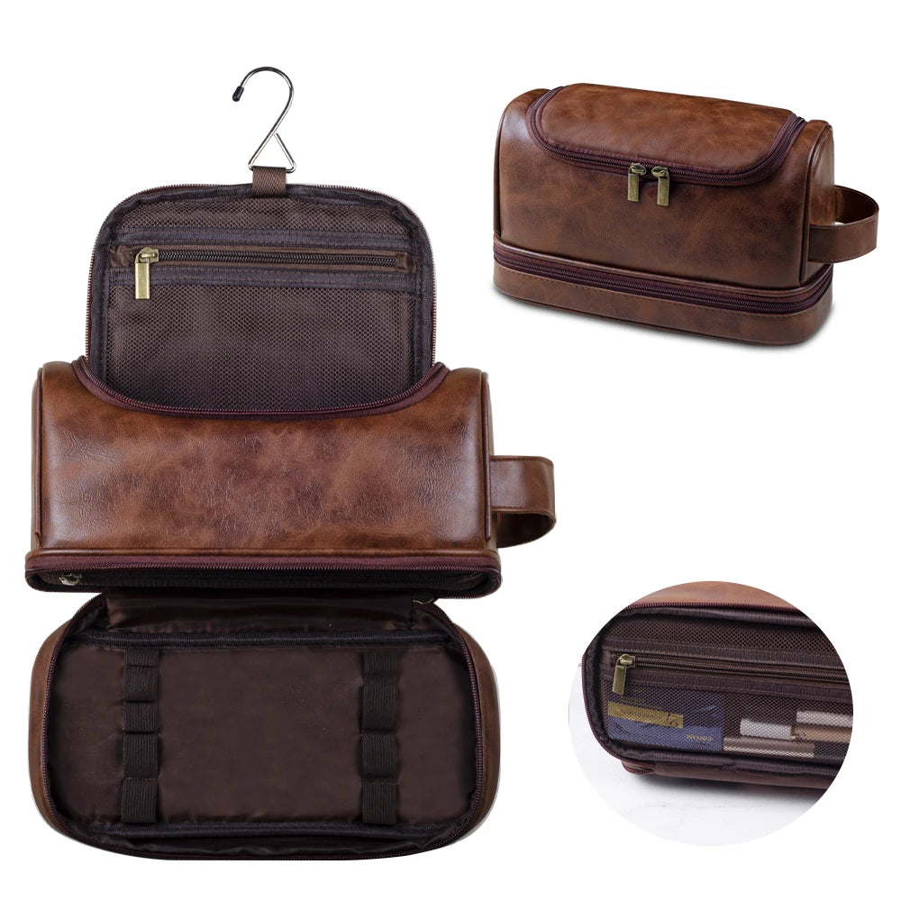 Trousse de toilette voyage en cuir suspendue avec crochet, grande capacité, sac de toilette homme et femme pour salle de bain, trousse cosmétique et sac de rasage élégant, organisation optimale pour bagage cabine et déplacements professionnels