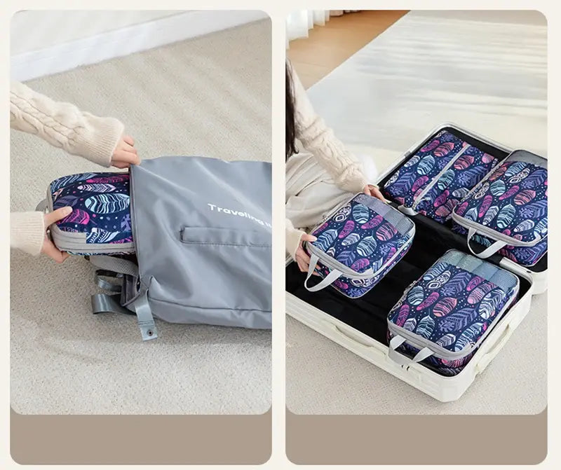 Organisateur de valise compression Élégance Voyage avec système de compression manuelle, set de 4 sacs pour optimiser l’espace en valise cabine et organiser efficacement les vêtements