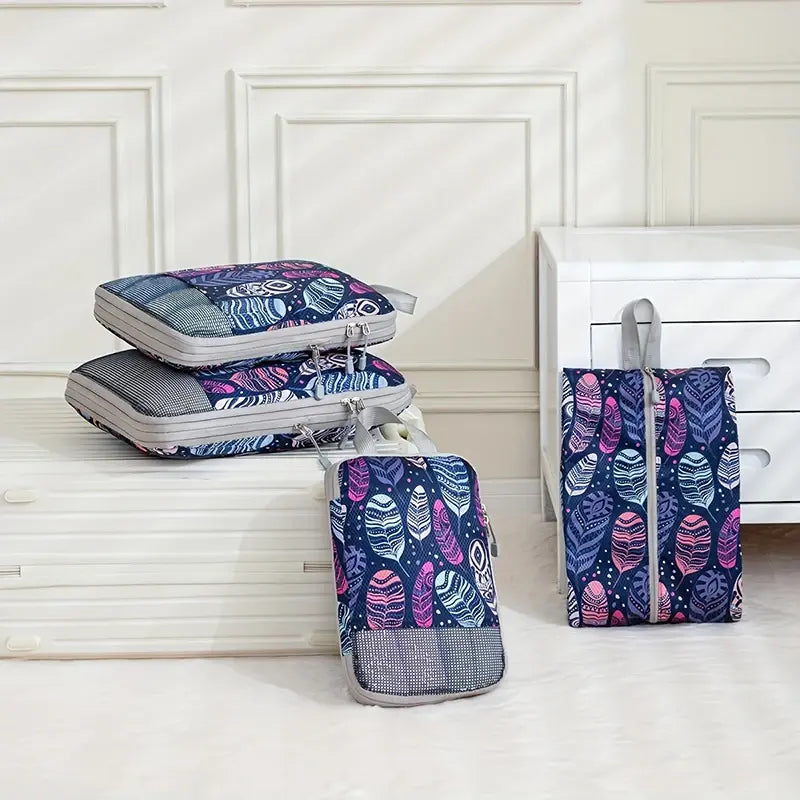 Organisateur de valise compression Élégance Voyage avec système de compression manuelle, set de 4 sacs pour optimiser l’espace en valise cabine et organiser efficacement les vêtements