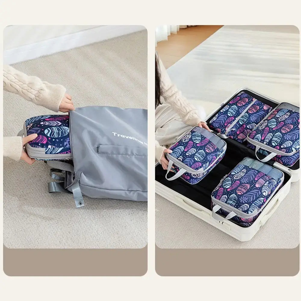 Organisateur de valise compression Élégance Voyage avec système de compression manuelle, set de 4 sacs pour optimiser l’espace en valise cabine et organiser efficacement les vêtements
