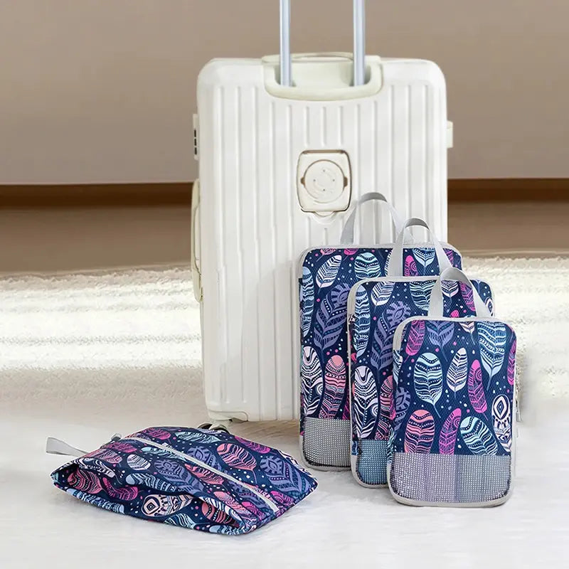 Organisateur de valise compression Élégance Voyage avec système de compression manuelle, set de 4 sacs pour optimiser l’espace en valise cabine et organiser efficacement les vêtements