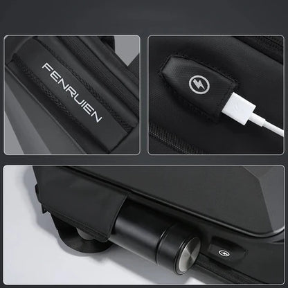 Sac-a-dos-antivol-nomad-shield, modèle Explorer Pro ouvert à 180° montrant son organisation pour ordinateur 15,6 pouces et tablette.
