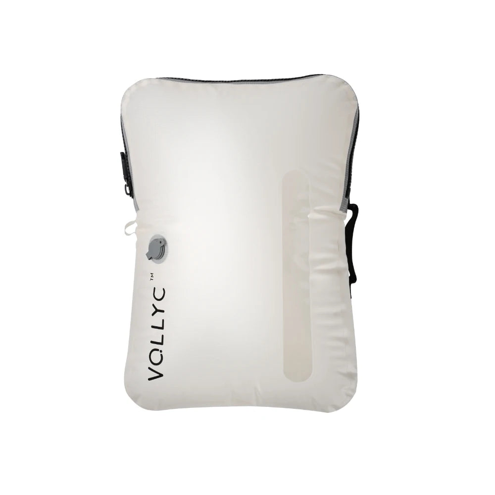 Détails techniques du sac de compression voyage avec zip étanche, valve anti-retour et poignées de transport.