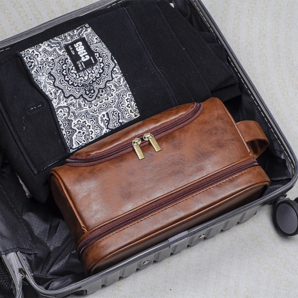Trousse de toilette voyage en cuir suspendue avec crochet, grande capacité, sac de toilette homme et femme pour salle de bain, trousse cosmétique et sac de rasage élégant, organisation optimale pour bagage cabine et déplacements professionnels