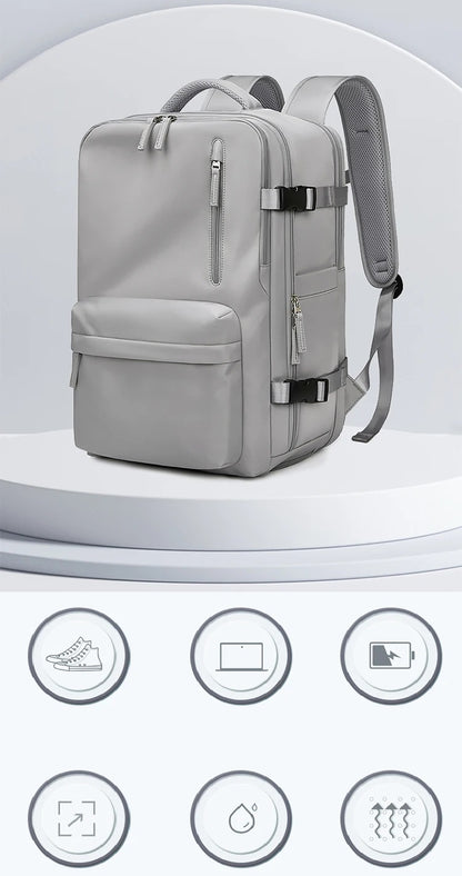 Sac de voyage à dos gris avec grande ouverture et compartiments organisés, sac à dos de voyage extensible pour avion, caracterestiques
