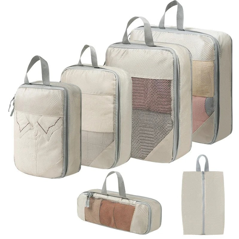 Cubes de rangement compressibles TravelPack™ teinte beige – kit de 6 pièces pour valise cabine et rangement maison