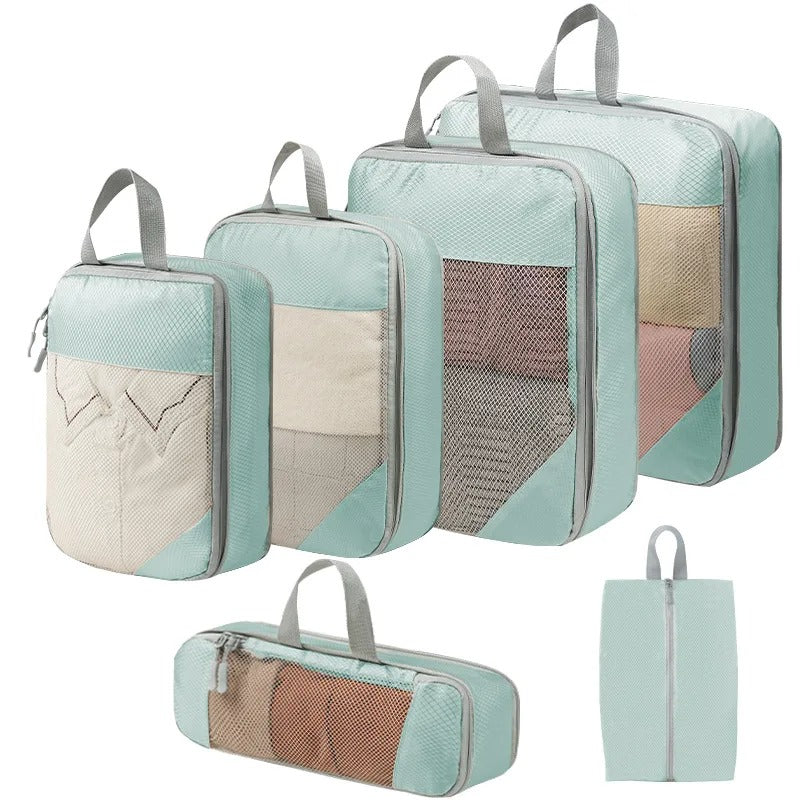 Set de 6 cubes de rangement voyage TravelPack™ bleu doux – sacs de compression en polyester pour organiser vêtements et chaussures