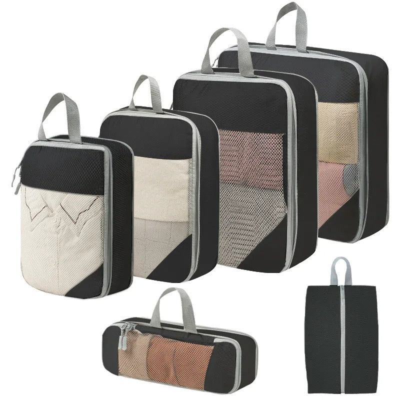Set de 6 cubes de rangement compressibles TravelPack™ couleur noir – organisateur de valise en polyester pour gagner 40% d'espace