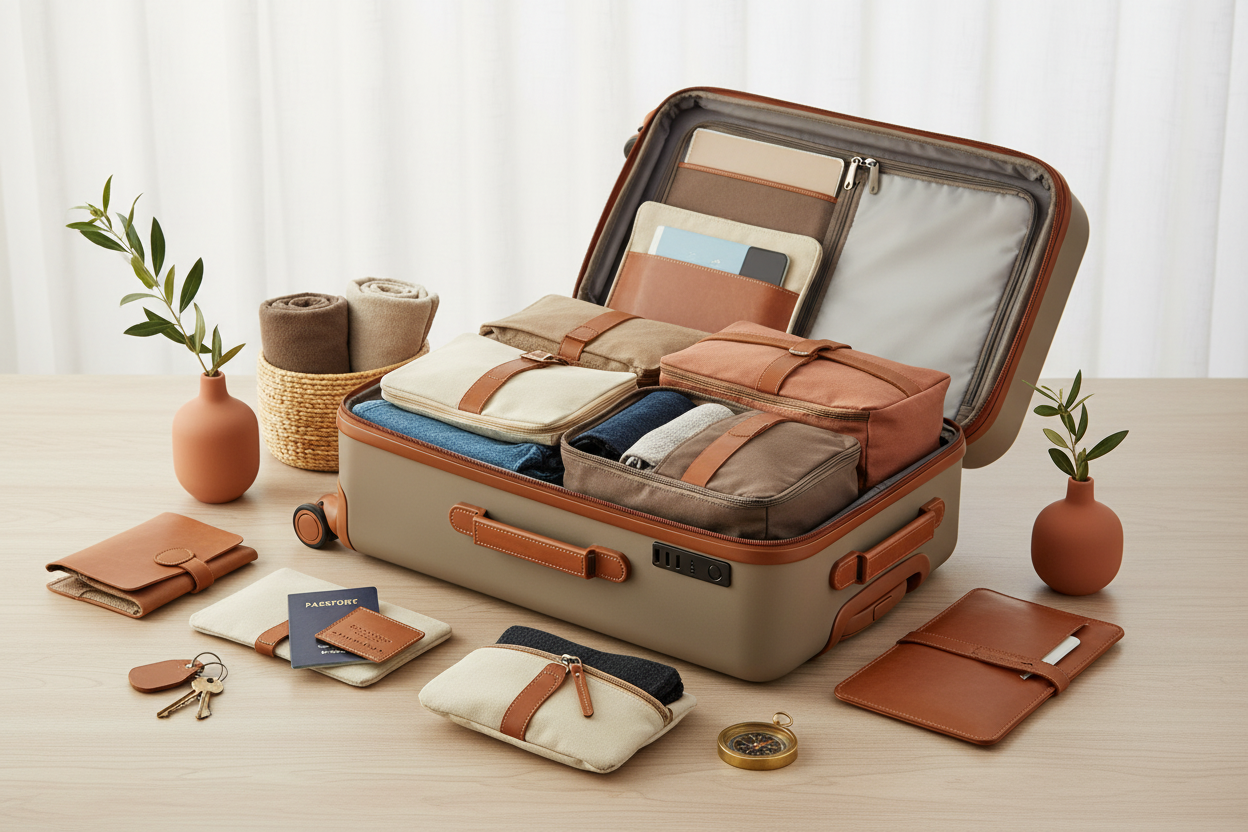 Solutions de rangement premium pour le voyage avec organiseurs de valise, trousses et accessoires soigneusement agencés