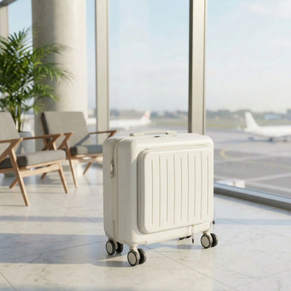 Valise cabine business format compact placée en salle d’attente d’aéroport, parfaite pour les voyages professionnels courts.